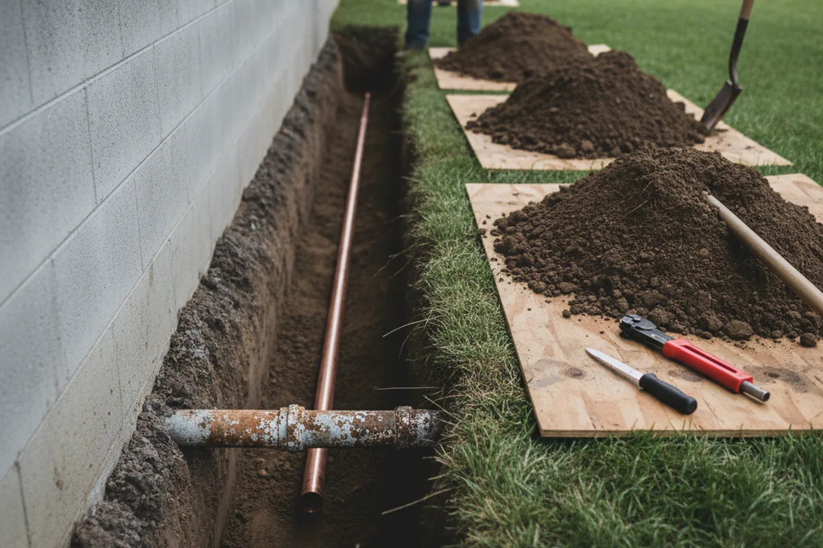 Excavated water line trench during Sewer Line Repair in De Lancey